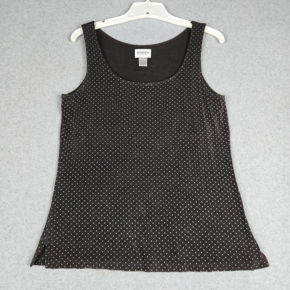 Chico's Travelers Tank Top Womens 2 Black Polka Dot Side Slit Stretch Scoop Neck